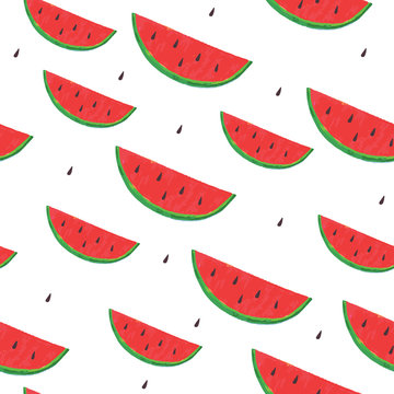 Hand-drawn seamless background with slices of watermelon