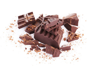 Cracked chocolate bar isolated on white