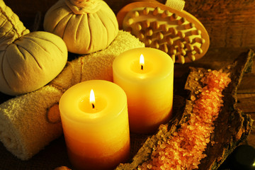 Composition with spa treatment on wooden background