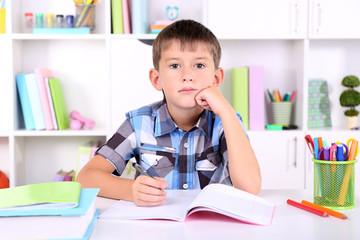 Schoolboy sitting at table in classroom