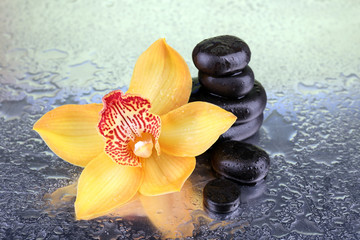 Yellow tropical orchid flower and spa stones