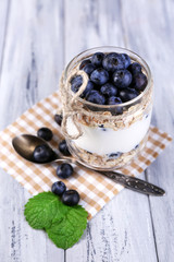 Healthy breakfast - yogurt with  blueberries and muesli served