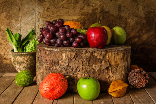 Still life with on the timber full of fruit