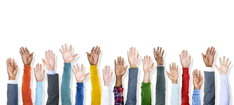 Group of Diverse Colorful Hands Raised