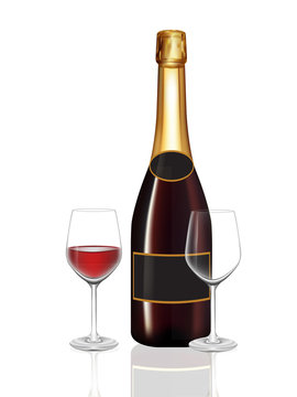 Champagne red bottle and two champagne glass on white