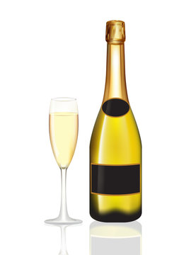 Champagne yellow bottle and champagne glass on white