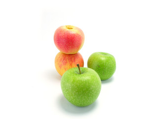 green and red apple on white background