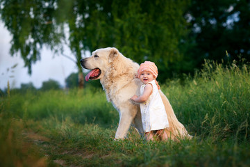 А small child with big dog