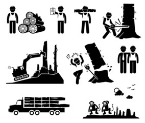 Timber Logging Worker Deforestation Cliparts Icons