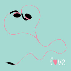 Pink earphones cord in shape of heart. Flat  Music love 