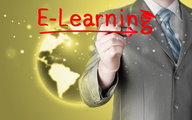 business man writing e-learning concept