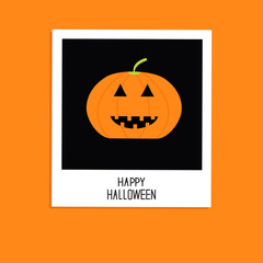 Instant photos with pumpkin. Happy Halloween card. Flat design.