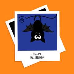 Instant photo with bat on blue background. Halloween card. Flat 