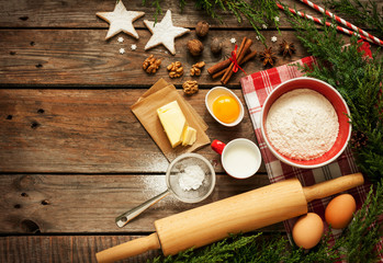 Christmas - baking cake background with dough ingredients