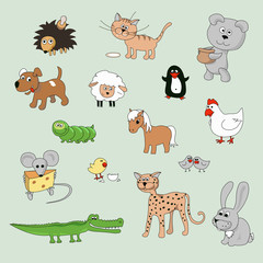 set of various cartoon animals and birds