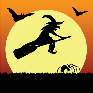 Witch with bat, ghost and spider silhouettes on Halloween