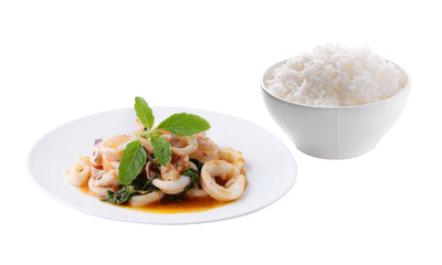 bowl full of rice, stir fried squid with chilli and basil isolat