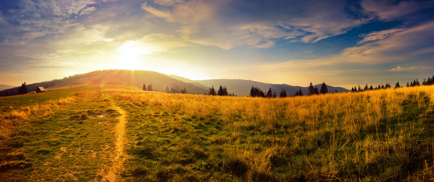 Panoramic view of the sunrise in the Tatra mountains