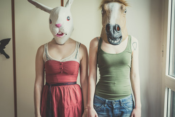 mask rabbit and horse mask lesbian couple