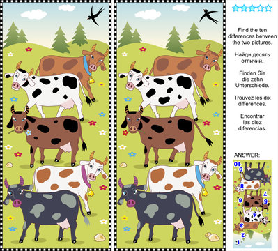 Find ten differences visual puzzle - cows