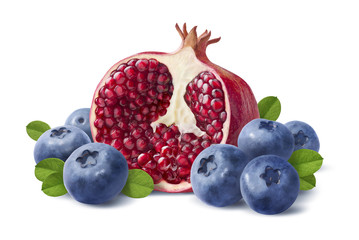 Blueberry and pomegranate half isolated on white background