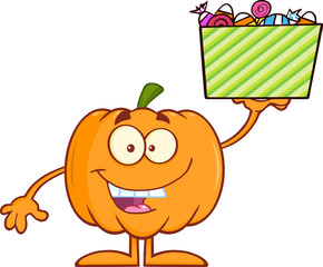 Smiling Halloween Pumpkin Character Holds A Box With Candy