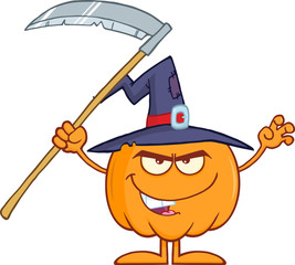 Obraz premium Scaring Halloween Pumpkin With A Witch Hat And Scythe