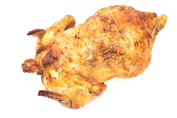 Whole roasted chicken isolated on white