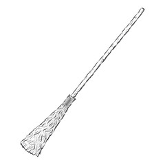 Witch's broom stick isolated on a white background. Line art