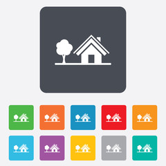 Home sign icon. House with tree symbol.