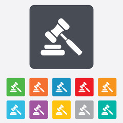 Auction hammer icon. Law judge gavel symbol.