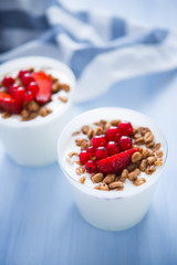 Yogurt with cereals and berries (healthy breakfast)