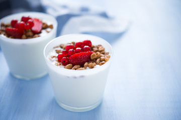 Yogurt with cereals and berries (healthy breakfast)