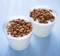 Cups of yogurt with cereals (healthy breakfast)