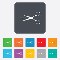 Scissors with cut line sign icon. Tailor symbol.