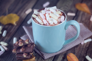 Mug filled with hot chocolate and marshmallow, with  chocolate,