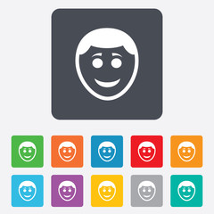 Smile face icon. Smiley with hairstyle symbol.