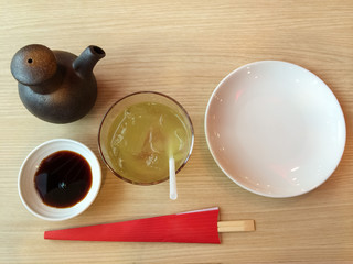 Empty plate, sushi chopsticks and soy sauce