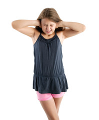 girl closing her ears