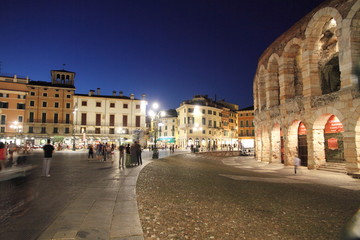 Italy, Veneto, Verona, Arena,Roman theater, Piazza Bra at dusk