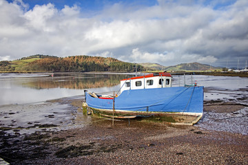 Kippford Harbour View with Blue Boat Foreground