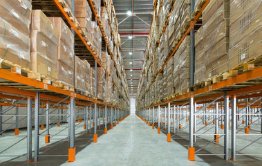 Big warehouse or storage, panorama of shelving and racks with goods
