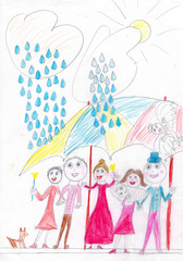 Big happy smiling family with angel in the sky. Child's drawing.