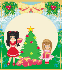 Christmas background with Christmas tree and girls with gifts