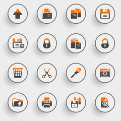 Document icons with white buttons on gray background.