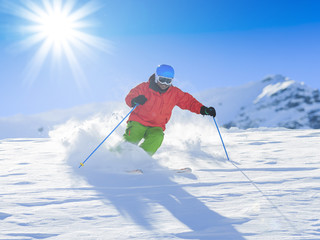Skiing, Skier, Freeride in fresh powder snow