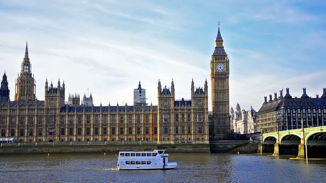 House of Parliament and Big Ben with boats on Thames river, UK