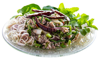 Isolates spicy minced pork with lemongrass and mint leaves