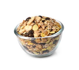 muesli breakfast placed in the bowl on white background