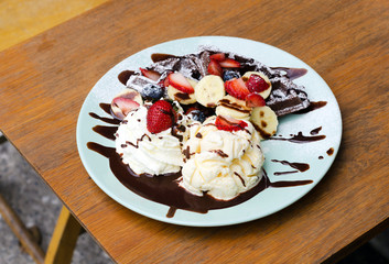 Ice cream, Chocolate waffles with chocolate sauce